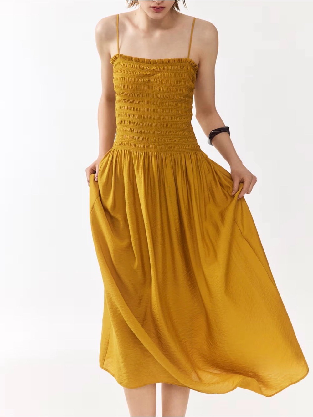 NWT H&M Smocked Spaghetti-Strap Midi Dress in Mustard Yellow Sz Small